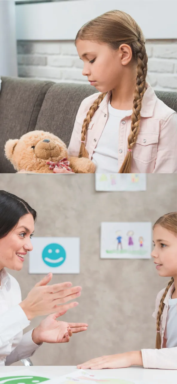 A child looking at her teddy bear sadly; a child showing interest in a counselor who is speaking to her